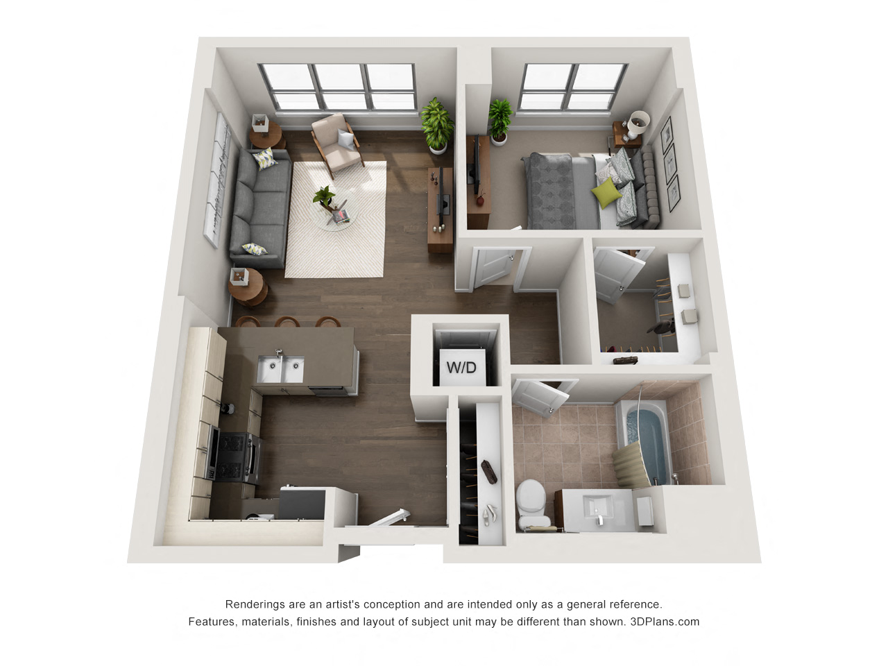 Floor plan for 1 bed, 1 bath, 722 sqft